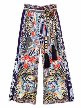 Camilla Silk Wide Leg Pants Crystal Embellished Boho Tiger Floral- XS